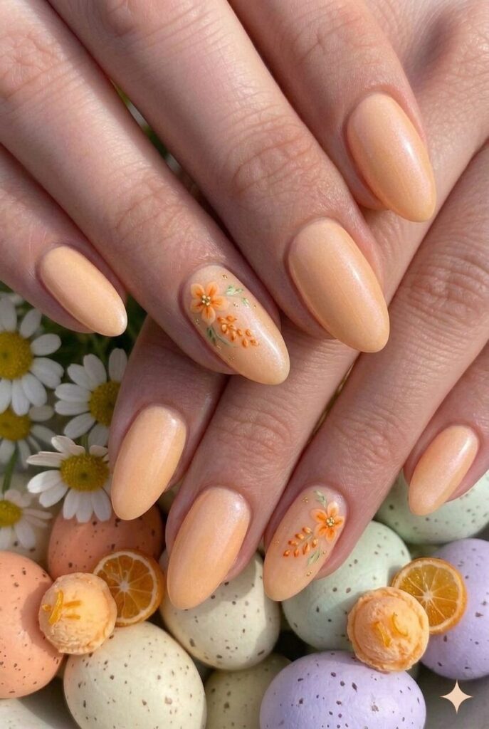 Soft sherbet orange pastel Easter nails with frozen orange sherbet shade, refreshing sweet fruity manicure 2026