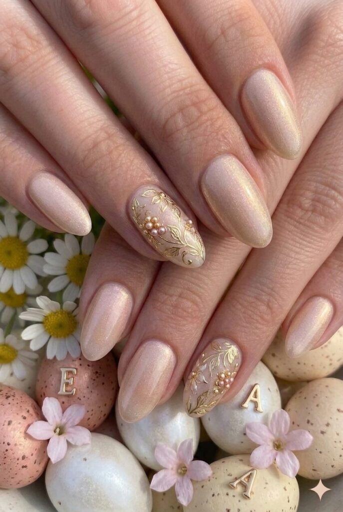 Soft champagne blush pastel Easter nails with elegant champagne gold and soft pink blend, luxurious sophisticated manicure 2026