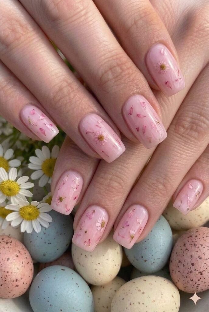 Soft petal pink pastel Easter nails with fresh flower petals natural beautiful pink, universally flattering manicure 2026