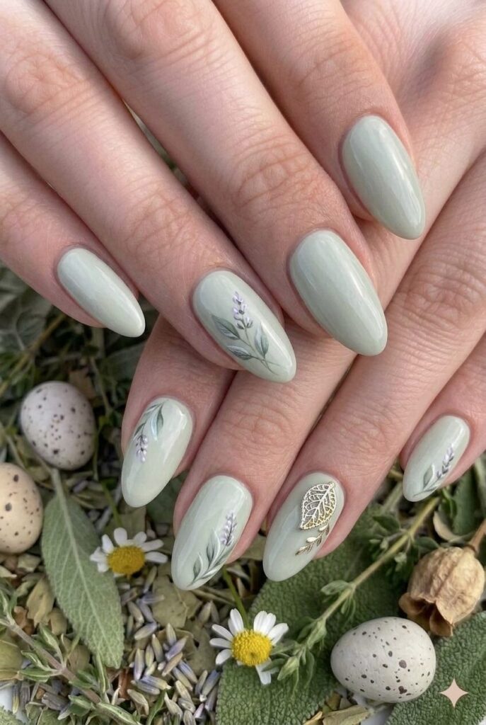 Pale sage pastel Easter nails with soft earthy green gray undertones, trendy natural calming manicure 2026