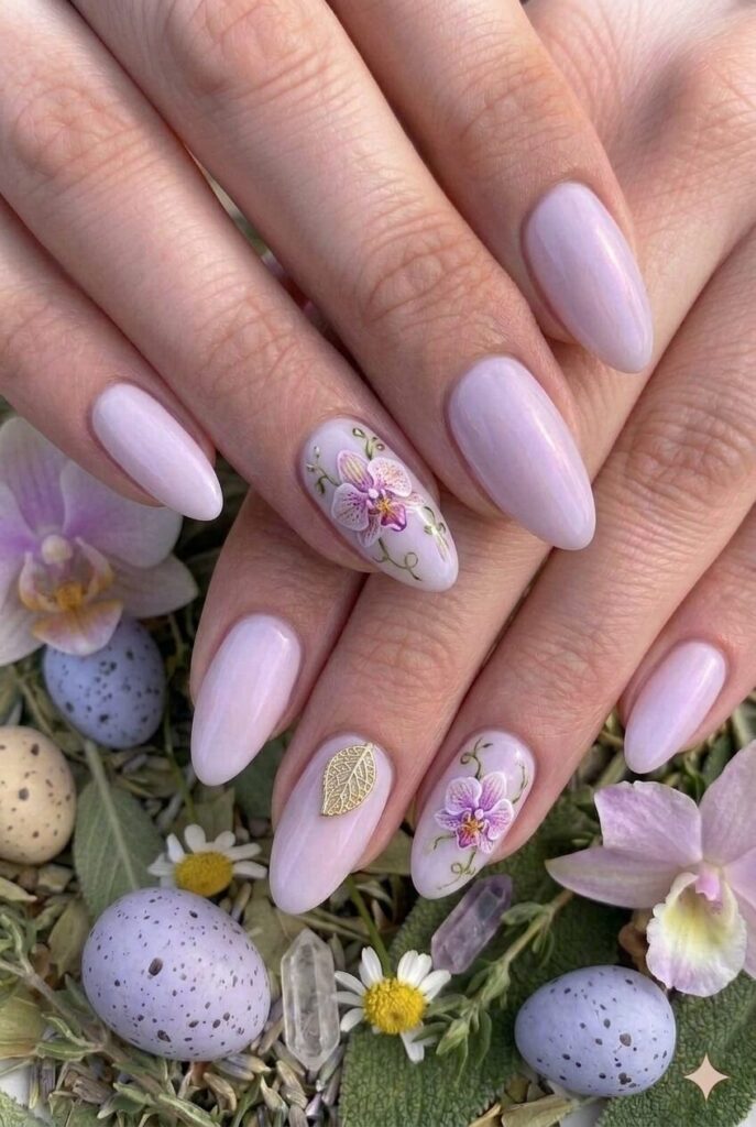 Pale orchid pastel Easter nails with soft purple pink undertones like exotic orchid flowers, elegant unique manicure 2026
