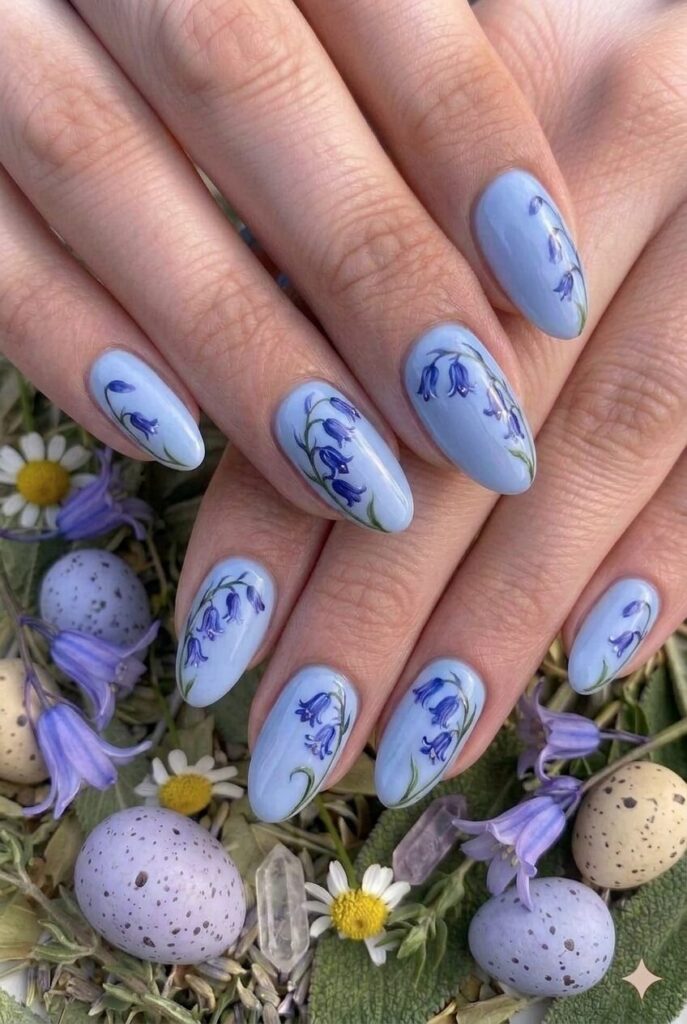 Soft bluebell pastel Easter nails with delicate blue purple hints like woodland bluebell flowers, romantic magical manicure 2026