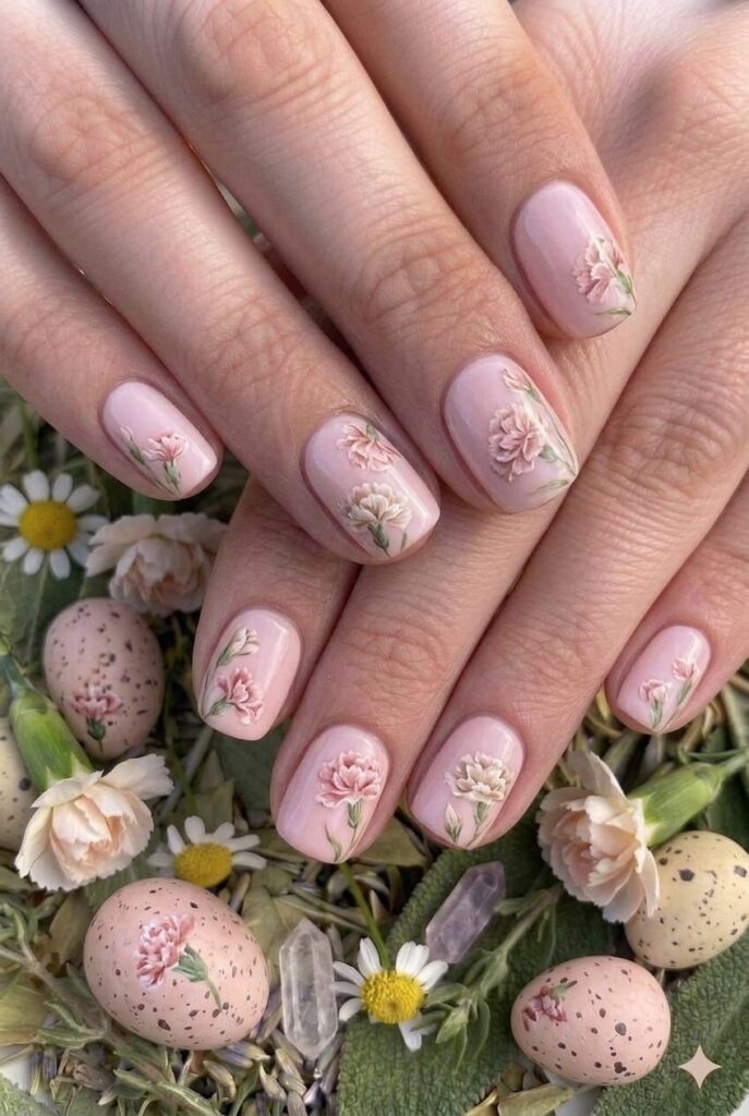 Pale carnation pink pastel Easter nails with gentle pink slightly warmer than baby pink like carnation flowers, classic pretty manicure 2026