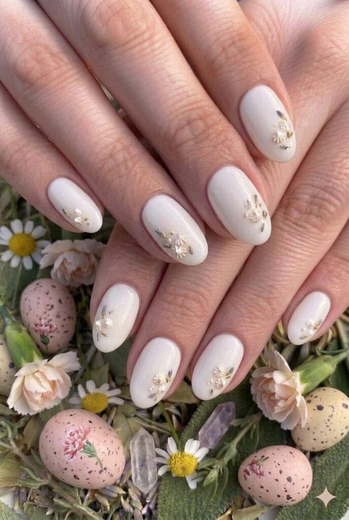 Soft meringue pastel Easter nails with creamy white slightest warm undertone like baked meringue, elegant sweet manicure 2026