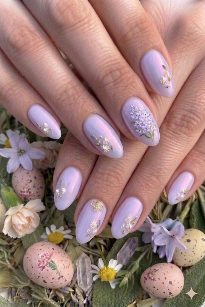 Pale hyacinth pastel Easter nails with soft purple inspired by fragrant spring hyacinth flowers, garden beautiful manicure 2026