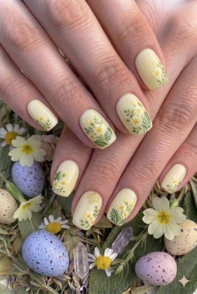 Soft primrose pastel Easter nails with gentle yellow inspired by spring primrose woodland flowers, floral sunshine manicure 2026