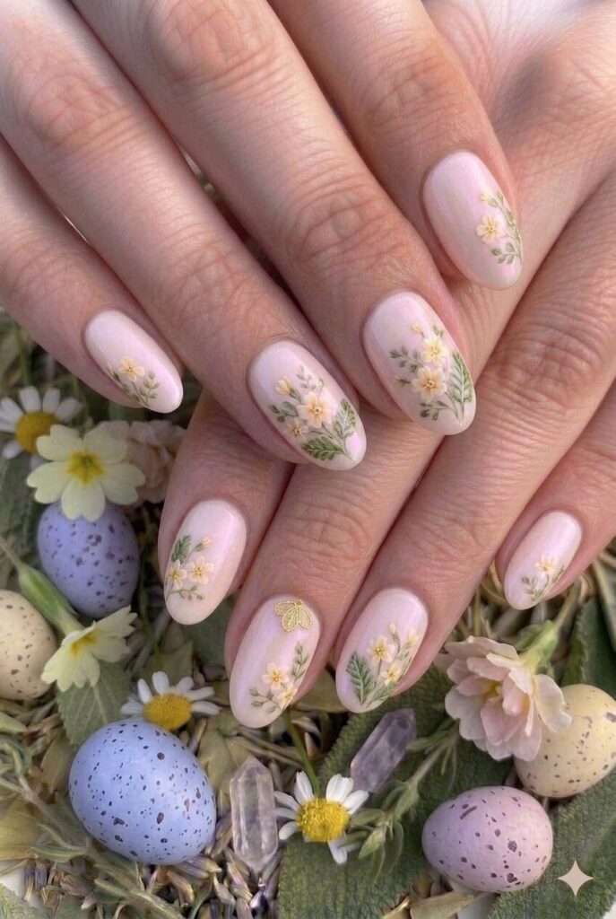 Pale freesia pastel Easter nails with soft pink inspired by fragrant freesia flowers, sweet feminine manicure 2026