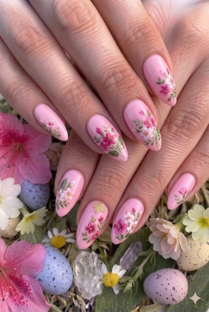 Soft azalea pastel Easter nails with gentle pink inspired by spring azalea bushes, garden glory happy manicure 2026