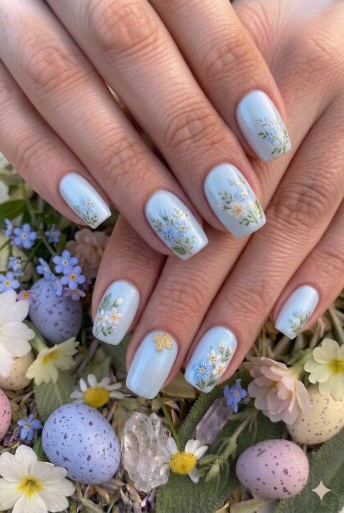 Pale forget-me-not pastel Easter nails with soft blue inspired by tiny forget-me-not flowers, meaningful sentimental manicure 2026