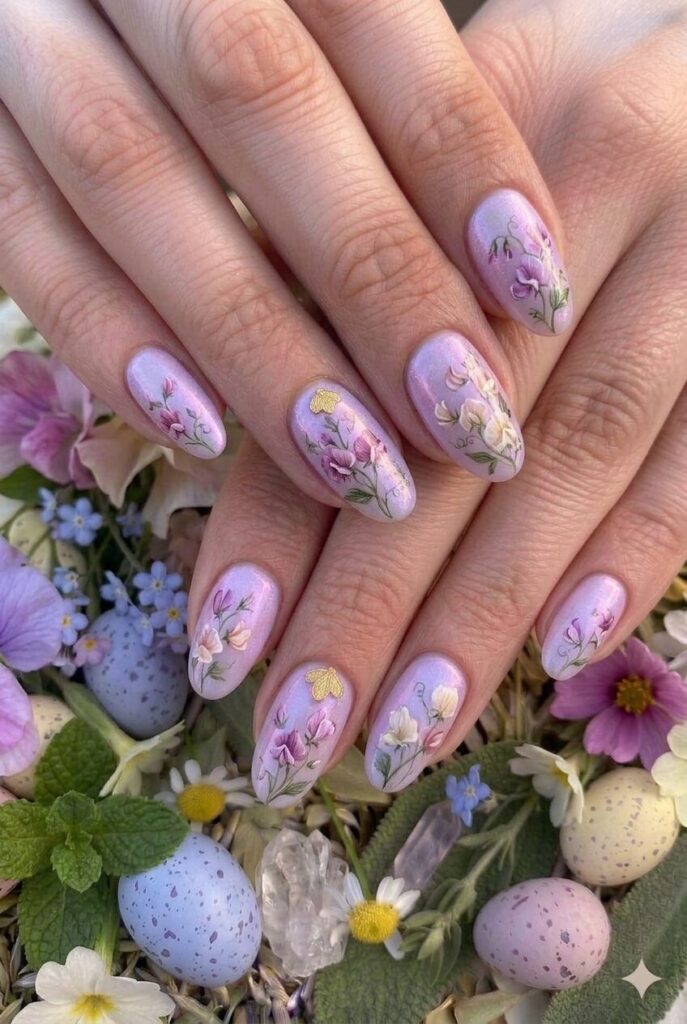 Soft sweet pea pastel Easter nails with gentle purple-pink inspired by fragrant sweet pea flowers, cottage romance manicure 2026