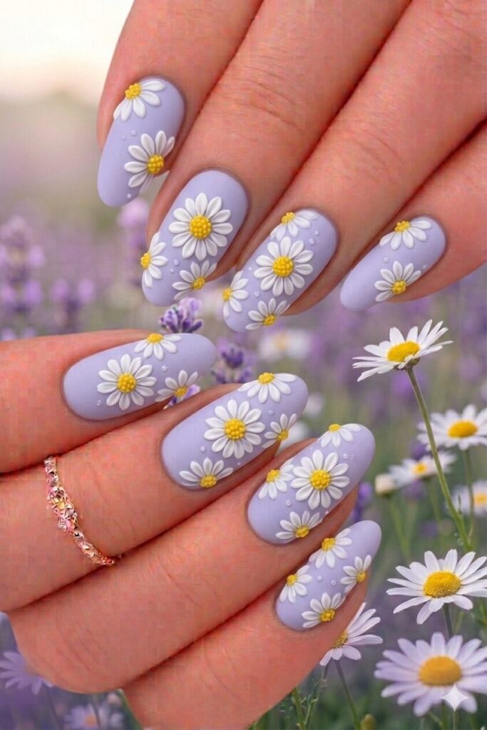 3D textured daisy nail art with raised daisy designs using acrylic or gel creating dimension, impressive artistic manicure 2026