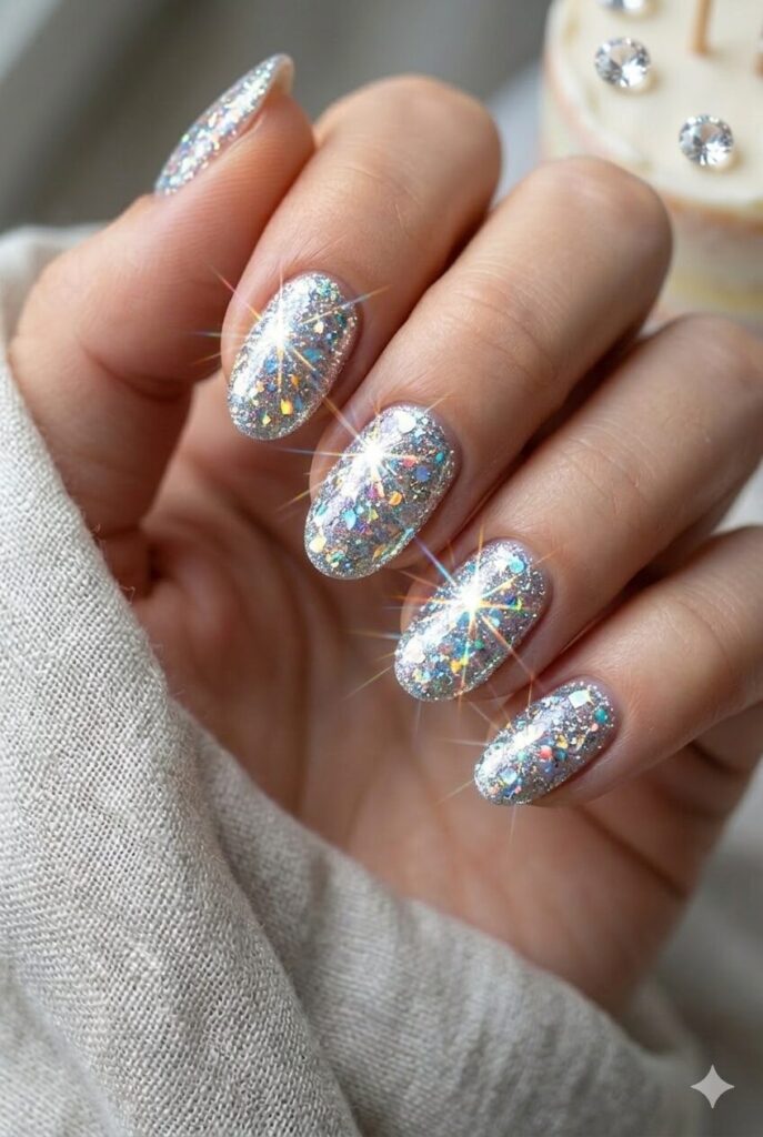 April birthstone diamond shimmer nail design with clear silver iridescent sparkle like real diamonds, luxurious birthday manicure 2026