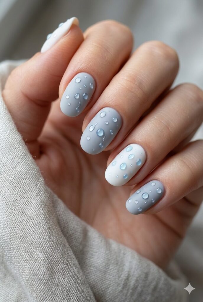 April showers raindrop nail design with tiny blue raindrops falling on gray white base, creative spring weather manicure 2026