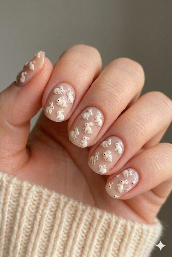 Baby bunny small nail design with tiny extra small cute baby bunnies precious delicate, adorable Easter manicure