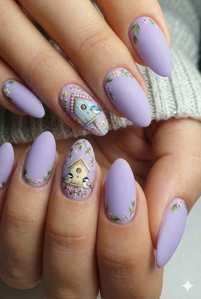 Birdhouse whimsical nail design with cute birdhouses birds nearby tiny flowers leaves, charming spring April manicure 2026