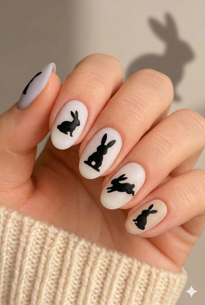Black bunny silhouette nail design with simple black bunny shapes on light base, sophisticated elegant Easter manicure