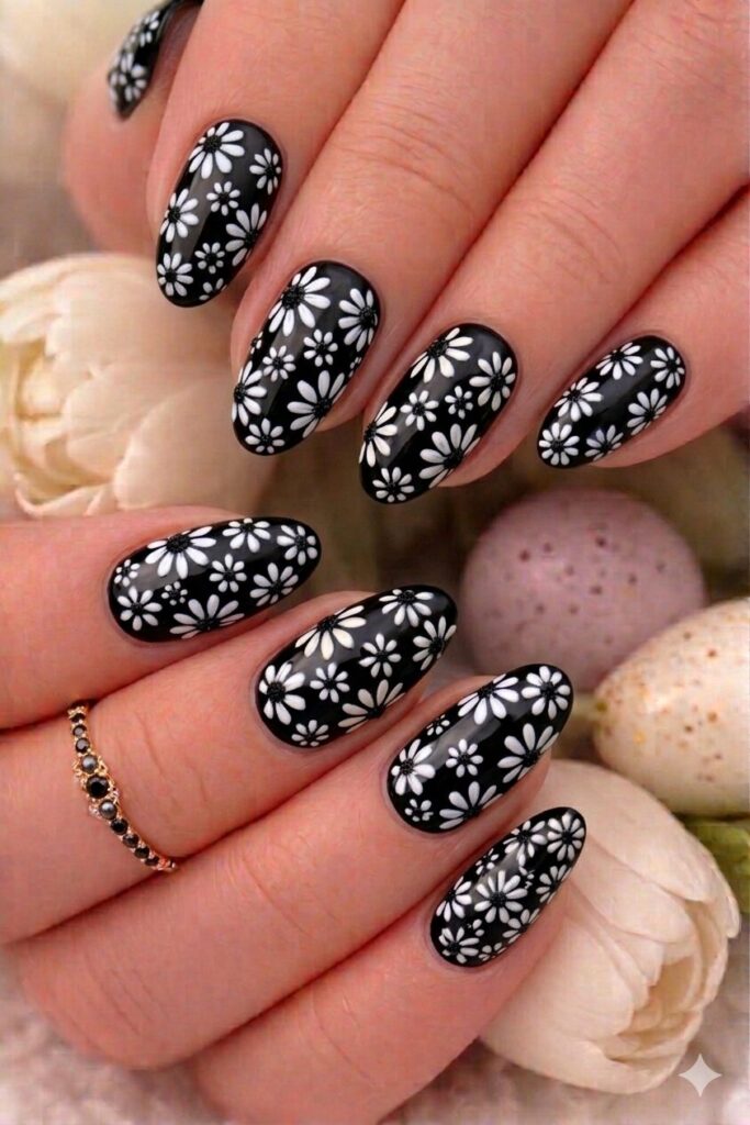 Black and white daisy nail art with white daisies on black base high contrast monochrome, edgy modern manicure 2026