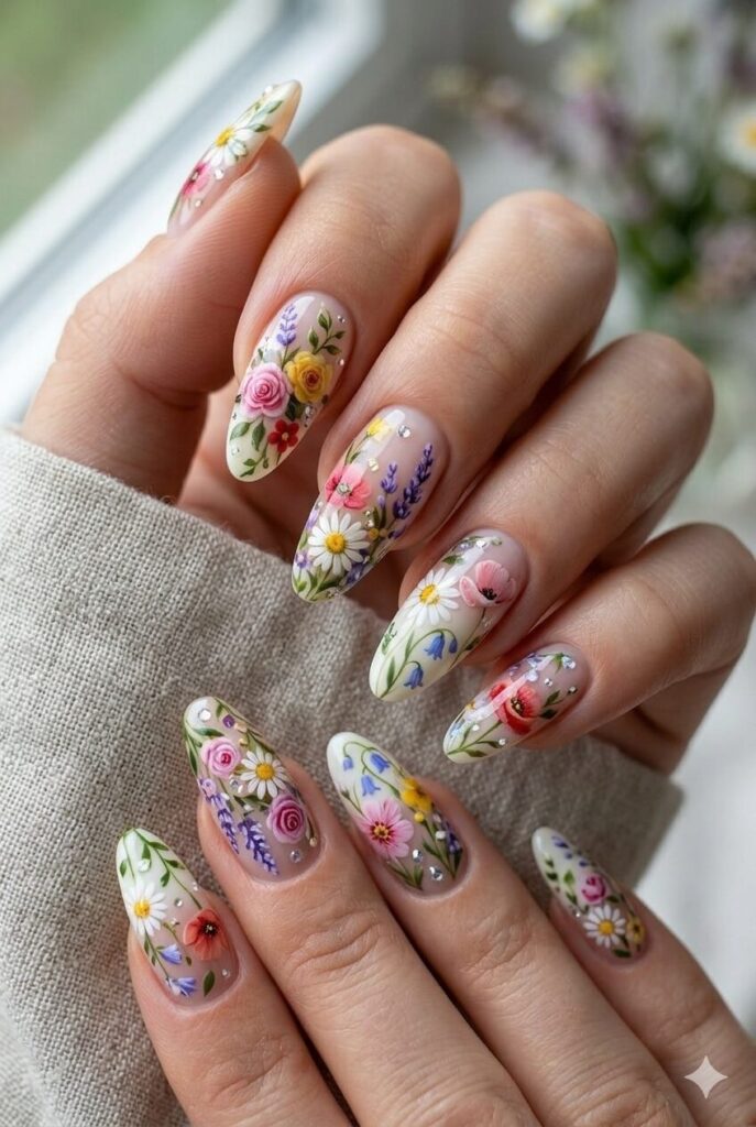 Blooming garden floral nail design with mix of spring flowers roses daisies wildflowers various colors, abundant April manicure 2026