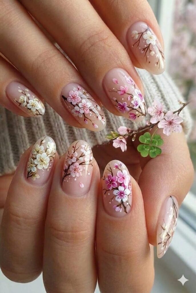 Blossoming tree branch nail design with delicate branches covered pink white mixed blossoms, magical April manicure 2026