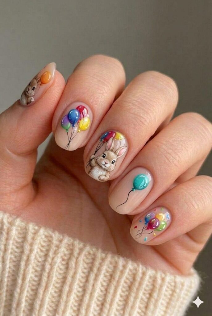 Bunny with balloon nail design showing cute bunny holding colorful balloon string in paw, festive Easter manicure