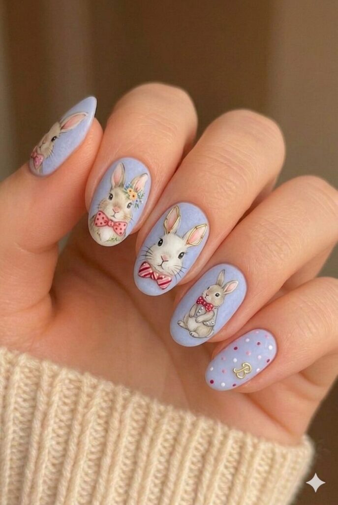 Bunny with bow tie nail design featuring dapper bunny wearing cute red pink polka dot bow tie, fancy Easter manicure