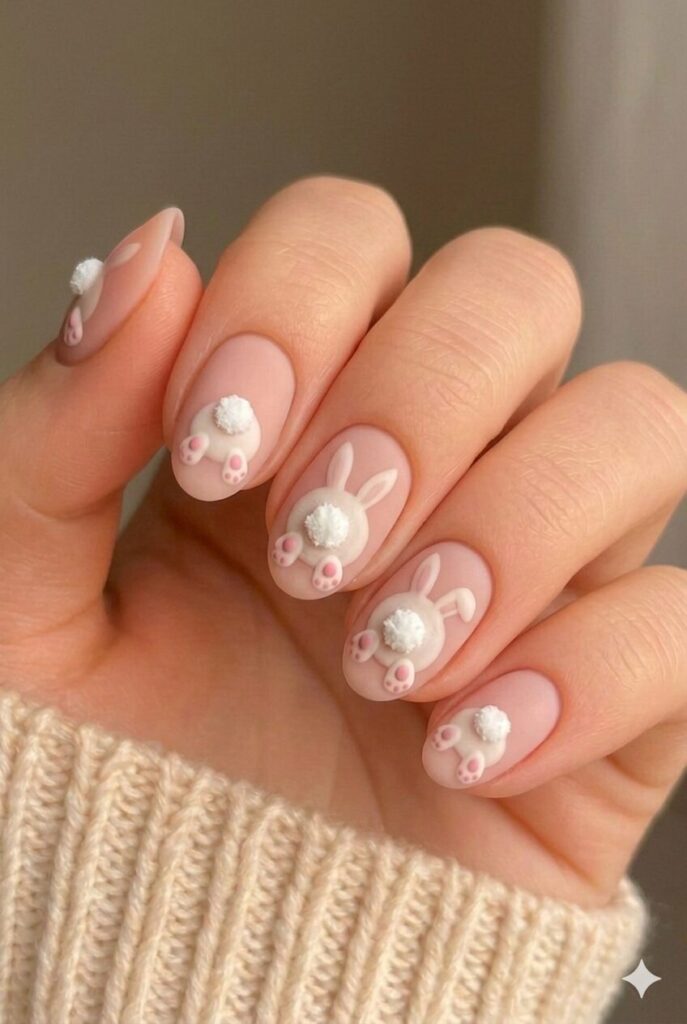 Bunny butt nail design with fluffy white cotton tail and little bunny feet, funny adorable Easter manicure