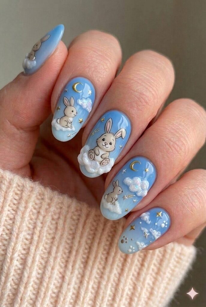 Bunny on cloud dreamy nail design with cute bunny sitting on fluffy white clouds blue background, peaceful Easter manicure