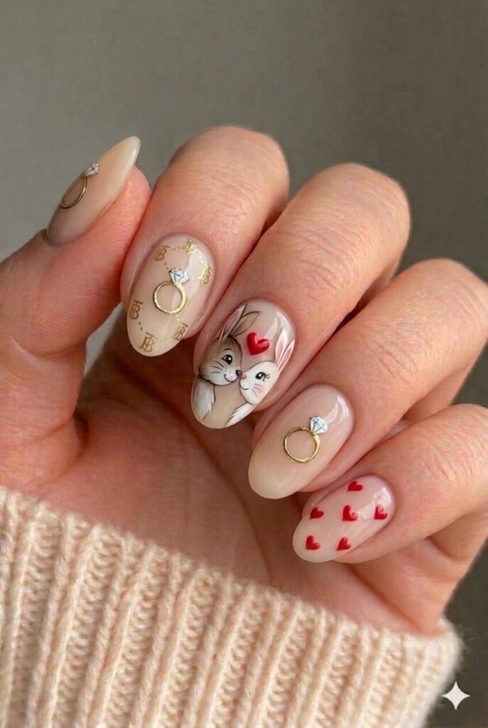 Bunny couple love nail design with boy and girl bunny facing each other touching noses hearts, romantic Easter manicure