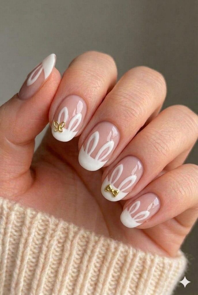 Bunny ear tips French nail design with bunny ear shapes replacing regular French tip line, elegant Easter manicure