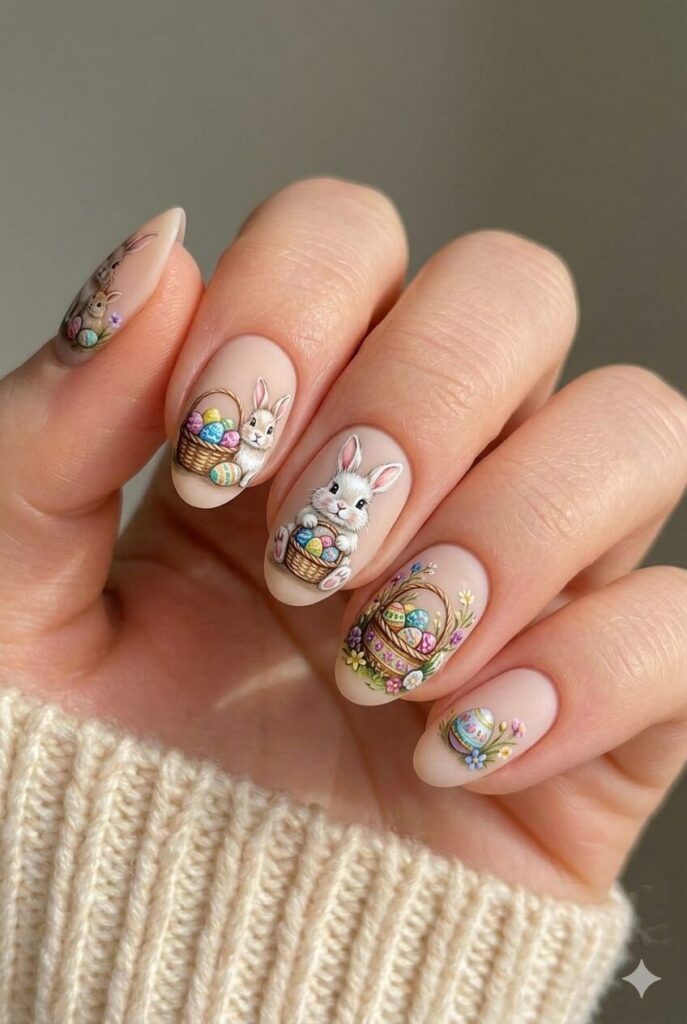 Bunny with Easter basket nail design showing bunny near woven basket filled colorful eggs, festive Easter manicure