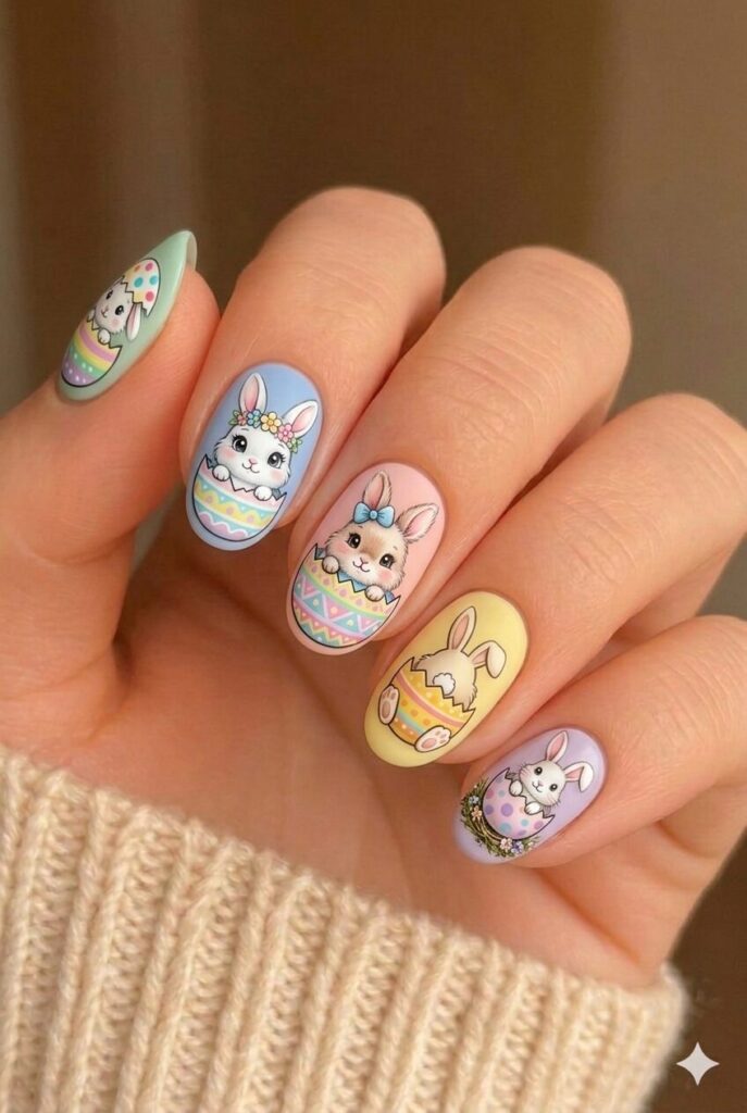 Bunny in Easter egg nail design with cute bunny peeking out from cracked colorful egg, creative Easter manicure