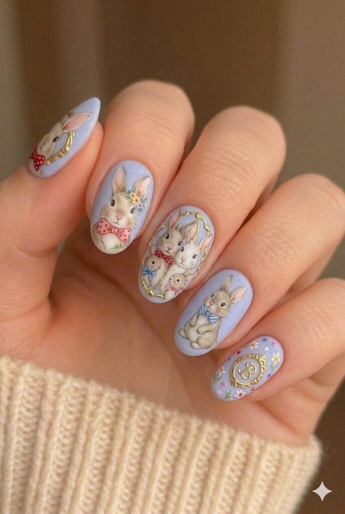 Bunny family group nail design with mama papa and baby bunnies different sizes, heartwarming Easter manicure