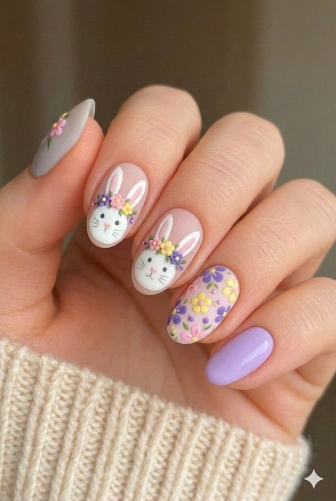 Bunny with flower crown nail design showing bunny wearing tiny pink yellow purple flowers on head, feminine Easter manicure