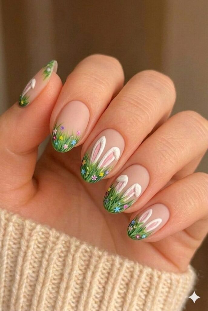 Bunny in grass hiding nail design with green grass at base bunny ears poking up, playful Easter manicure