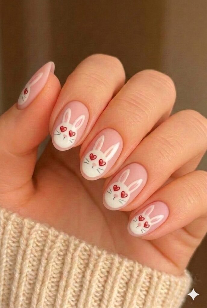 Bunny with heart eyes nail design showing adorable bunny with heart-shaped eyes instead of dots, romantic Easter manicure