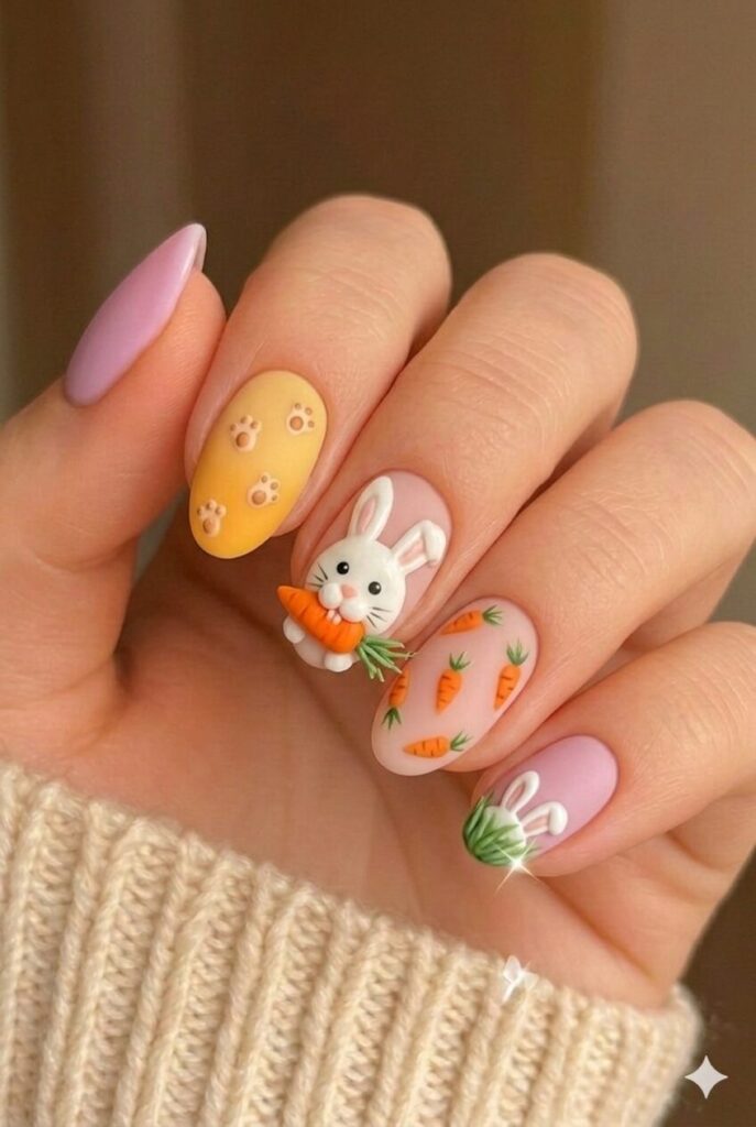 Bunny holding carrot nail design with cute bunny face and orange carrot near mouth, storytelling Easter manicure