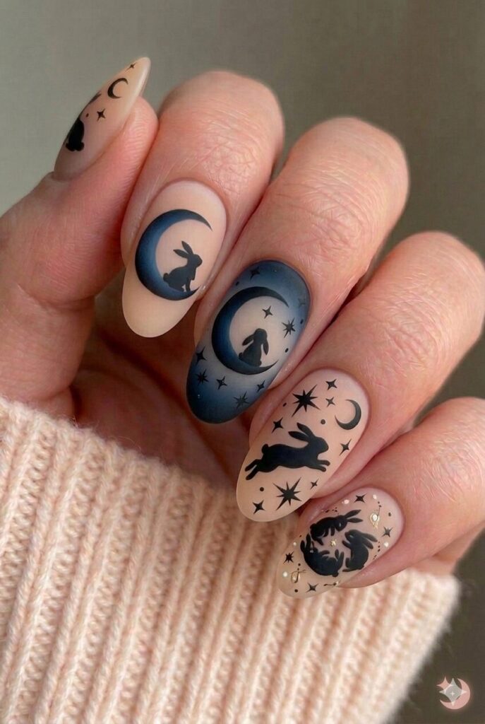 Velvet texture bunny nail design with velvet flocked powder soft-looking bunnies matte fuzzy texture, unique Easter manicure