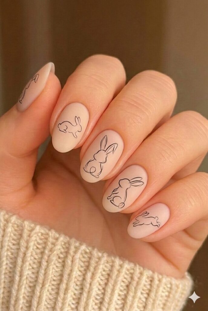 Bunny outline simple nail design with thin black white line drawings without filled color, minimalist Easter manicure