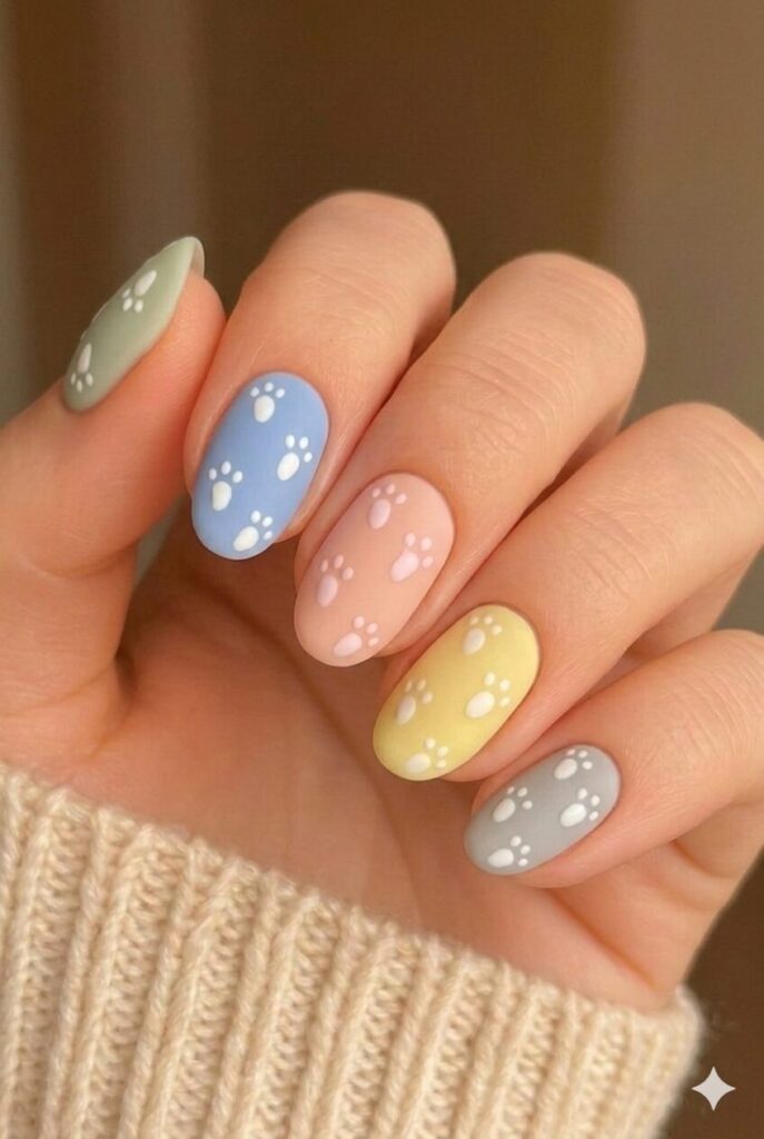 Bunny paw print nail design with cute little bunny footprints across nails, simple easy Easter manicure