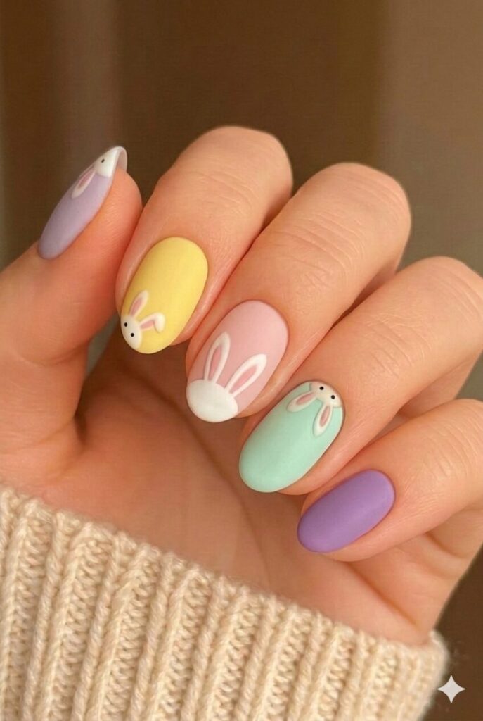 Bunny peek-a-boo nail design with bunnies peeking from bottom only head and ears visible, playful Easter manicure