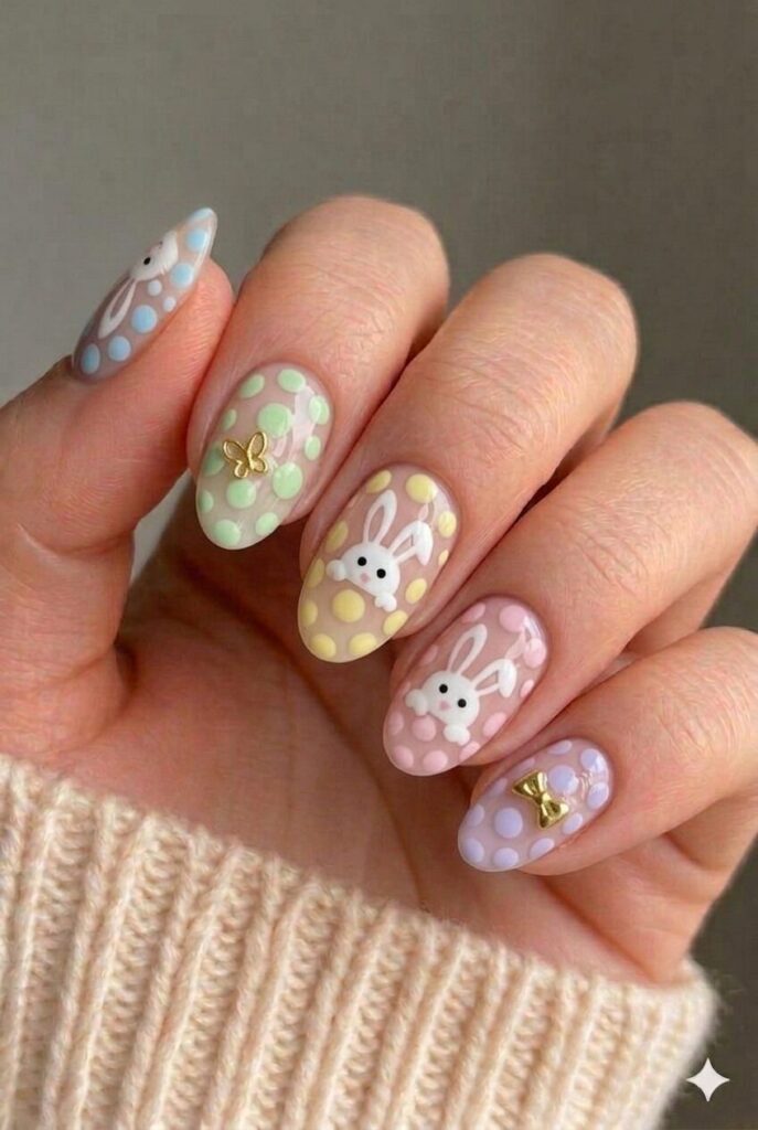Bunny with polka dots background nail design with cute bunnies on pastel polka dot bases, playful Easter manicure