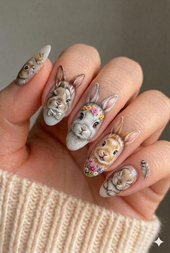Bunny portrait detailed nail design with realistic close-up bunny face detailed eyes nose whiskers, artistic Easter manicure