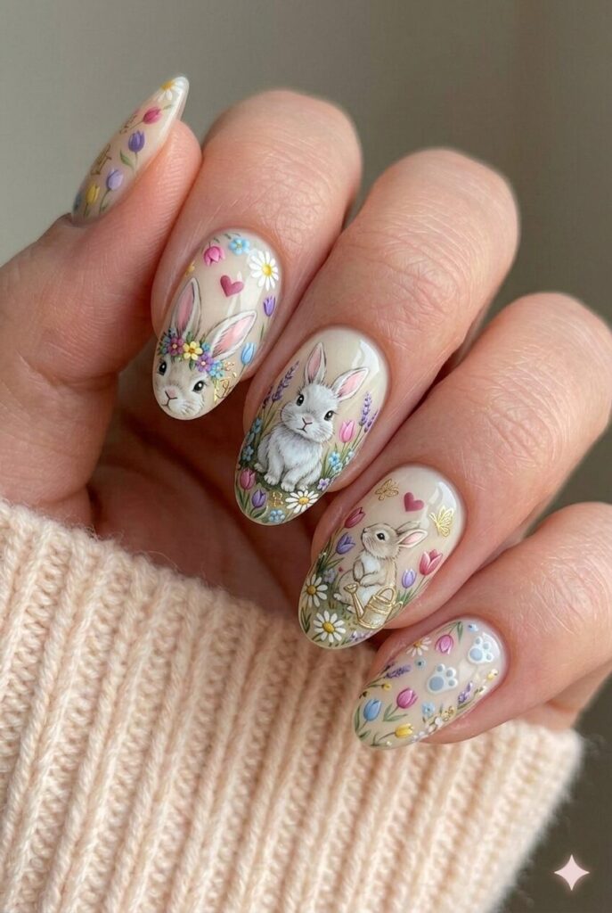 Bunny with spring flowers nail design with cute bunnies surrounded by tulips daisies wildflowers, garden Easter manicure