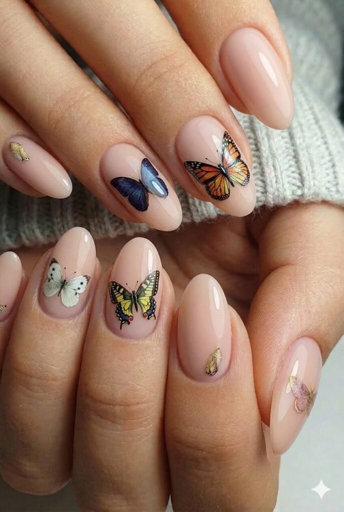 Dewy morning fresh nail design with clear glossy dew drops over green floral designs, natural spring April manicure 2026