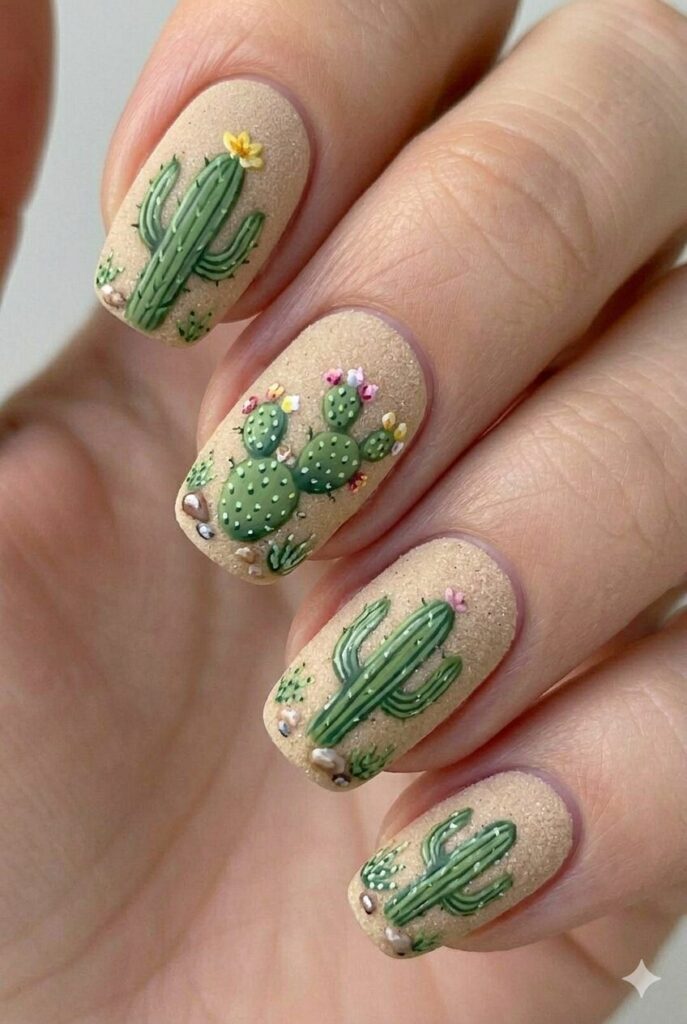 Cactus desert green summer nail design with cute cacti shapes tiny flowers on sandy base, southwestern summer nail idea 2026