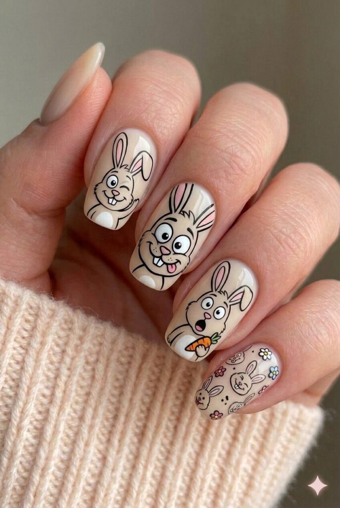 Cartoon bunny character nail design with fun cartoon-style bunnies big eyes silly expressions bold outlines, playful Easter manicure