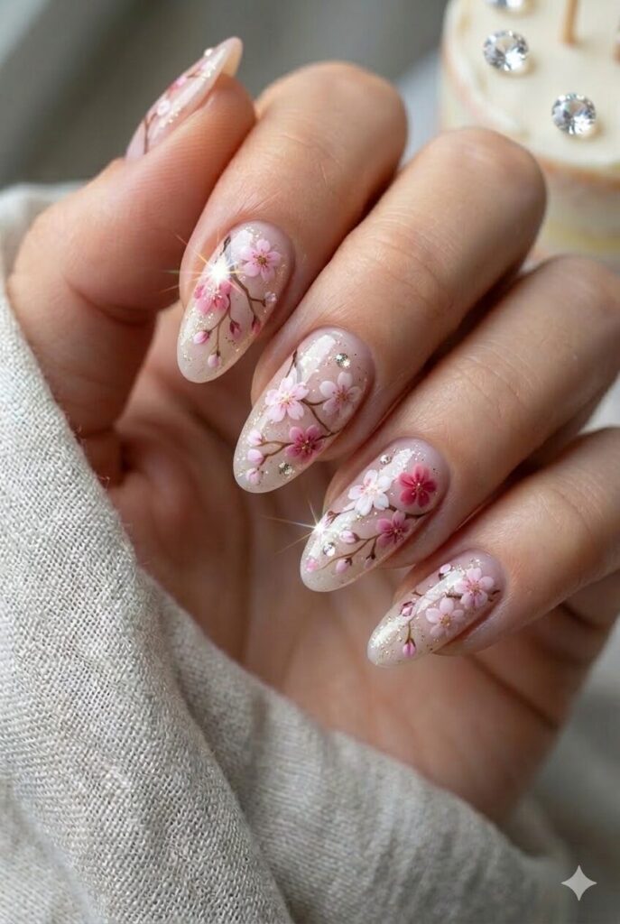 Cherry blossom branch nail design with delicate pink flowers and brown twigs, romantic Japanese inspired April manicure 2026