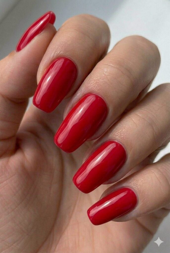 Cherry red classic summer nail design with bright juicy red shade like ripe summer cherries, timeless summer nail idea 2026