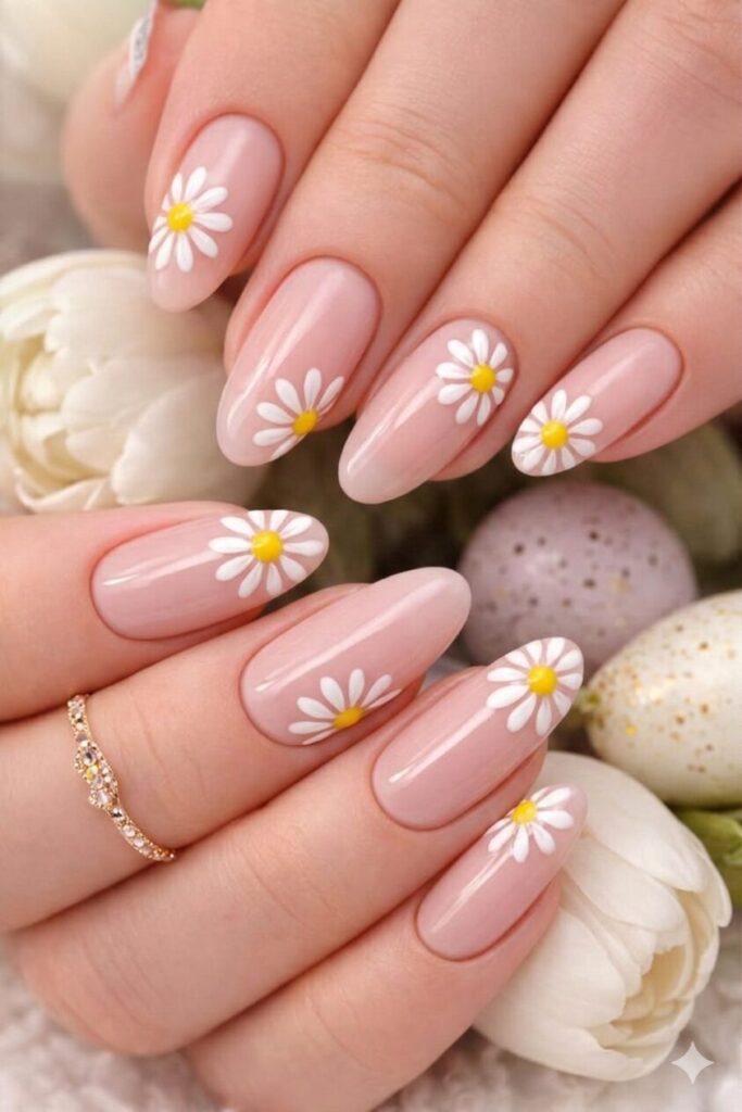 Classic white daisy nail art on soft pink base with white petals sunny yellow centers, feminine pretty Easter manicure 2026