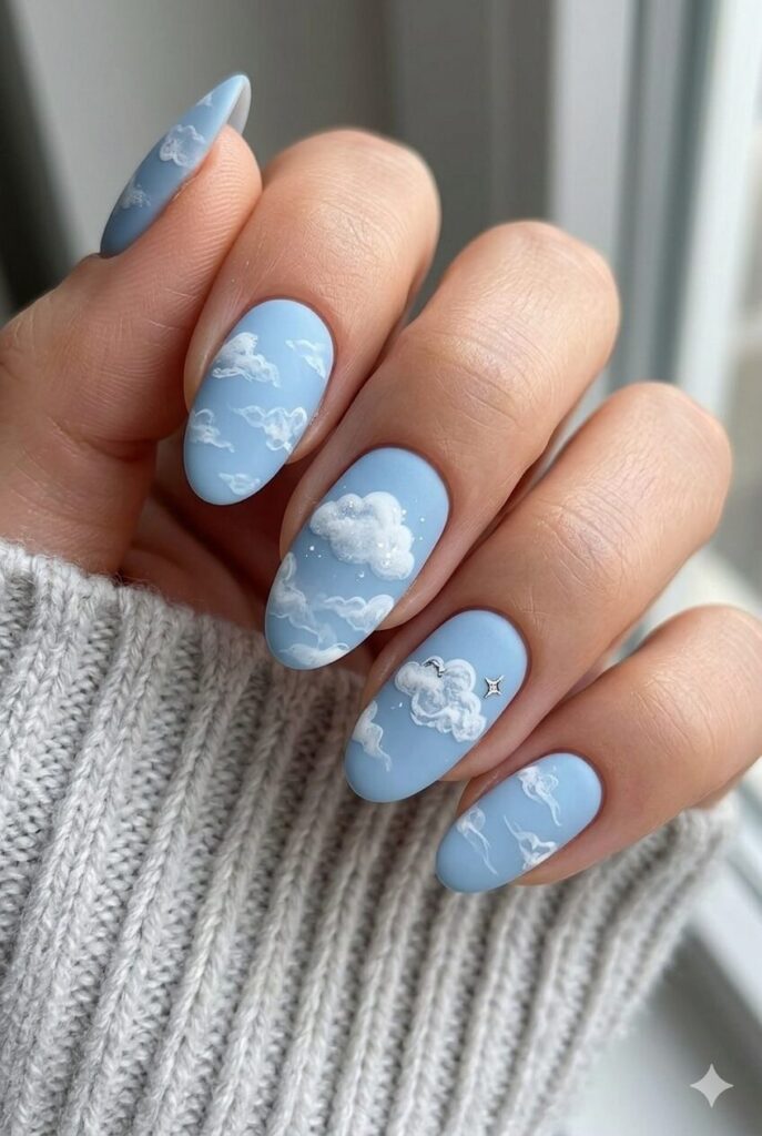 Cloudy sky soft nail design with white fluffy cloud shapes on soft blue base, peaceful dreamy April manicure 2026